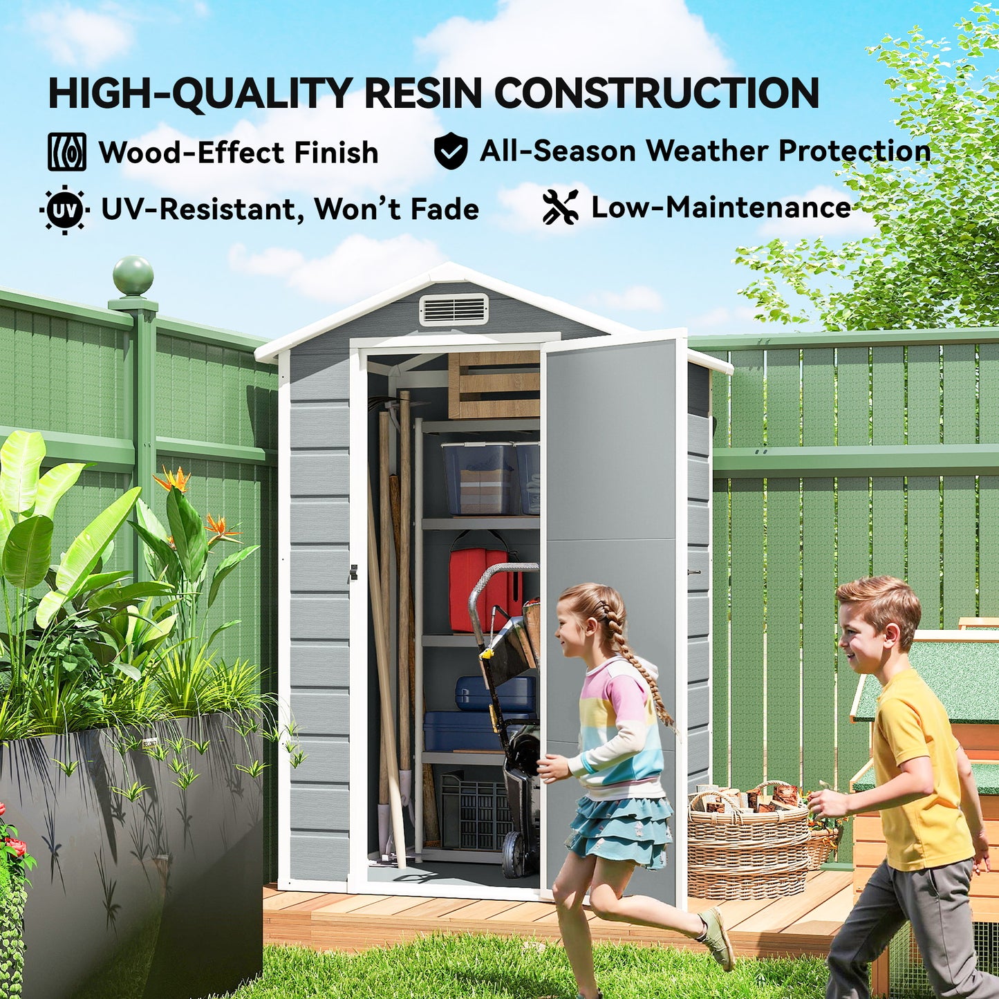 Compact PP & Aluminium Garden Storage Shed with Floor | Apex Roof | Latch Lock & Keys | Side Window | Vent | UV-Resistant | 40kg/m² Snow Rating | 128x104x196cm | Light Grey & White