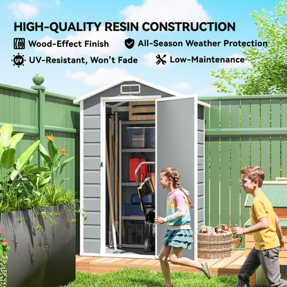 Compact PP & Aluminium Garden Storage Shed with Floor | Apex Roof | Latch Lock & Keys | Side Window | Vent | UV-Resistant | 40kg/m² Snow Rating | 128x104x196cm | Light Grey & White