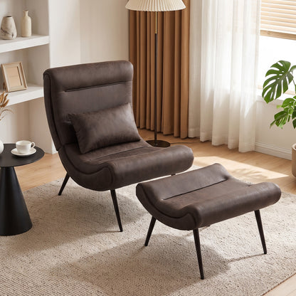 Dark Brown Accent Chair with Footstool | Upholstered Lounge Chair, Lumbar Pillow & Vintage Style | 120kg