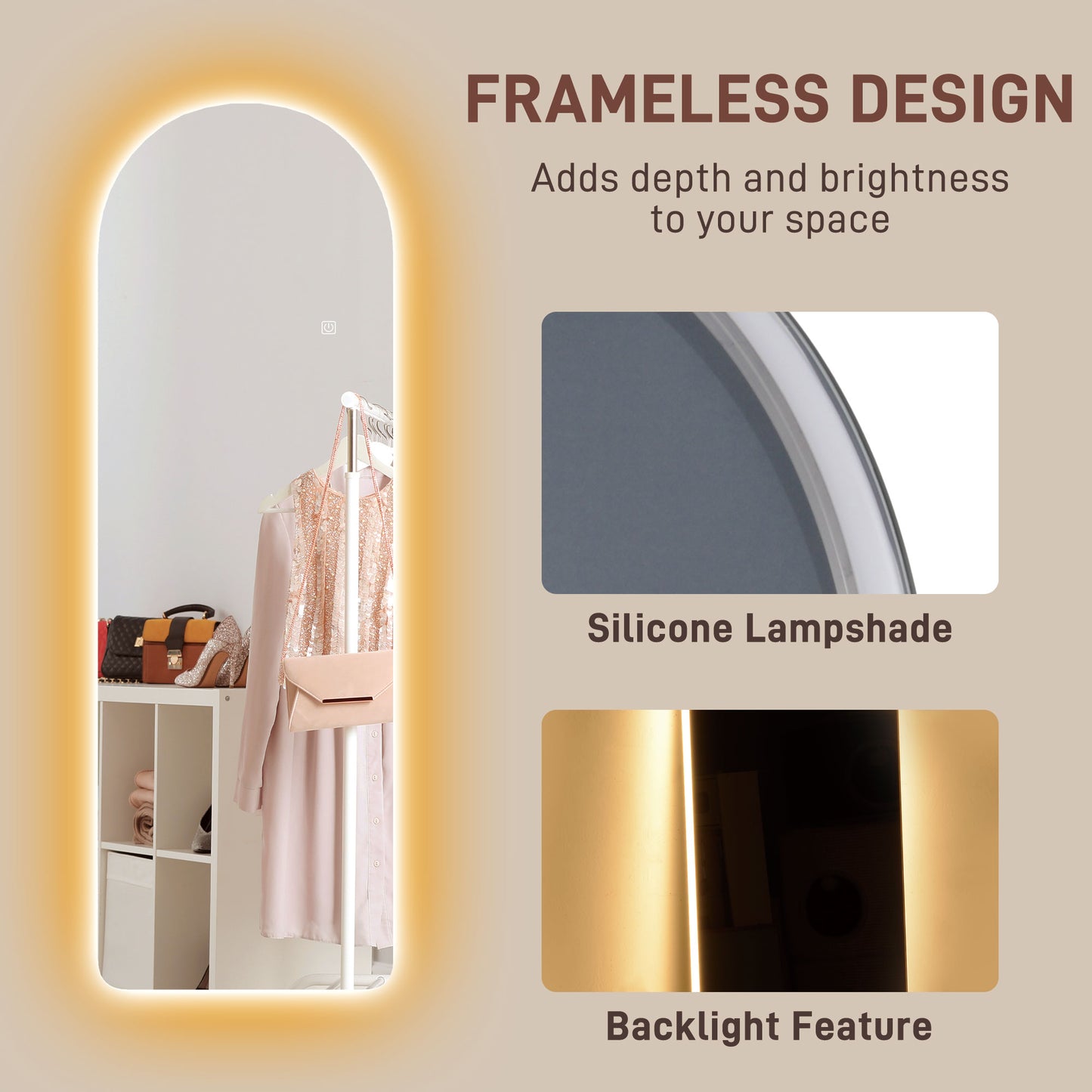 Arched Full Length Mirror with LED Lights, 120 x 40cm Backlit Frameless Wall Mirror with Dimming and 3 Colour Lighting for Living Room, Bedroom