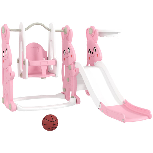 AIYAPLAY 4 in 1 Kids  Baby Toddler Slide and Swing Set with Climber, Basketball Hoop, Rabbit-Themed, Pink