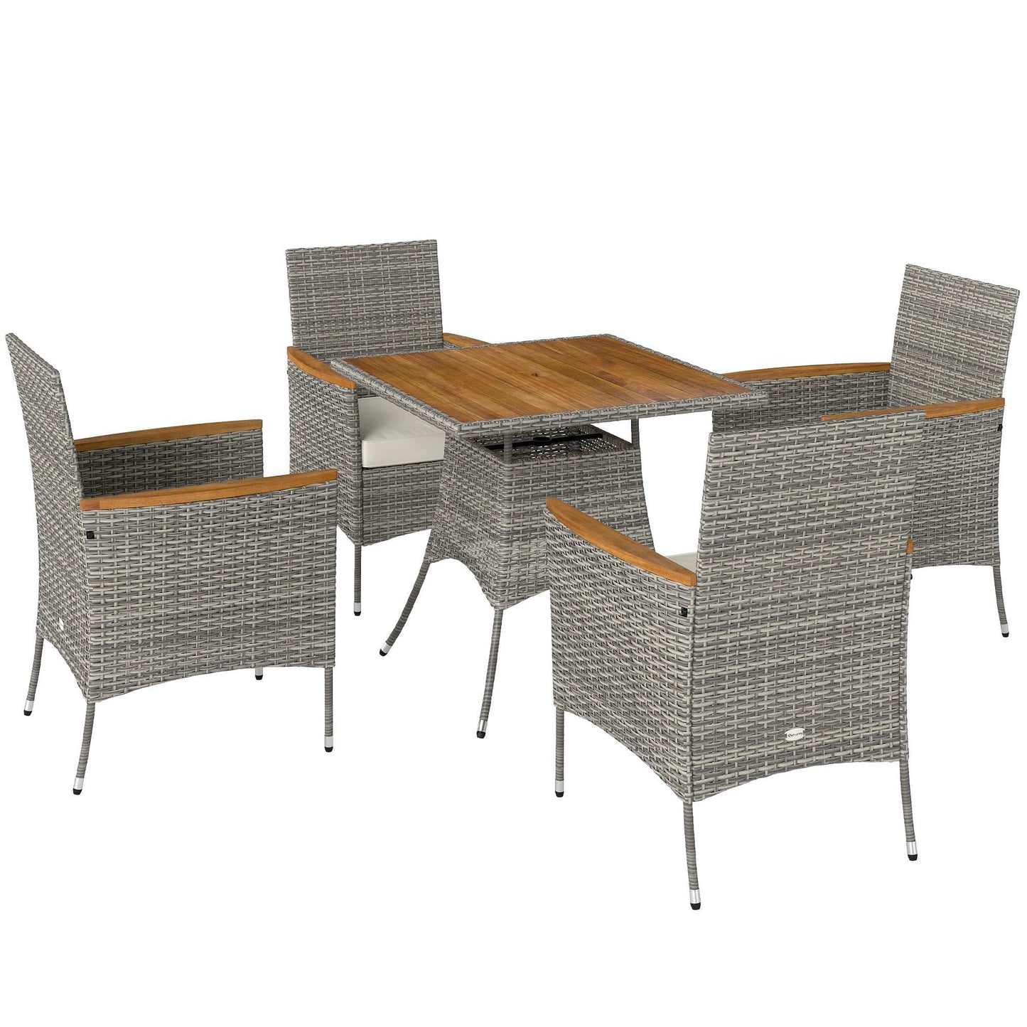 Outsunny Five-Piece Rattan Set, with Wood-Top Table - Teak / Grey