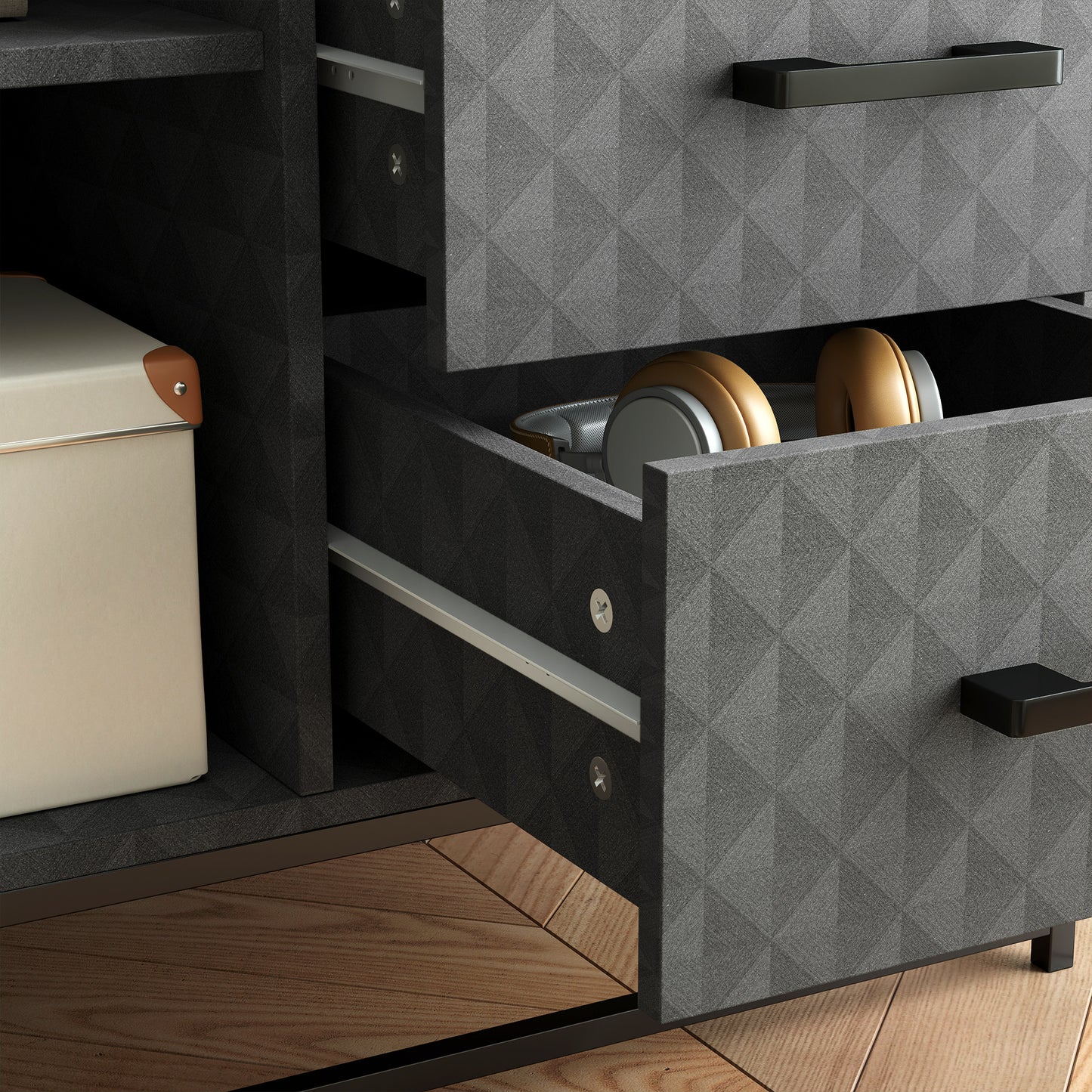 Sideboard with Adjustable Shelf, Freestanding Sideboard Storage Cabinet with Open Compartment and 2 Drawers, Grey