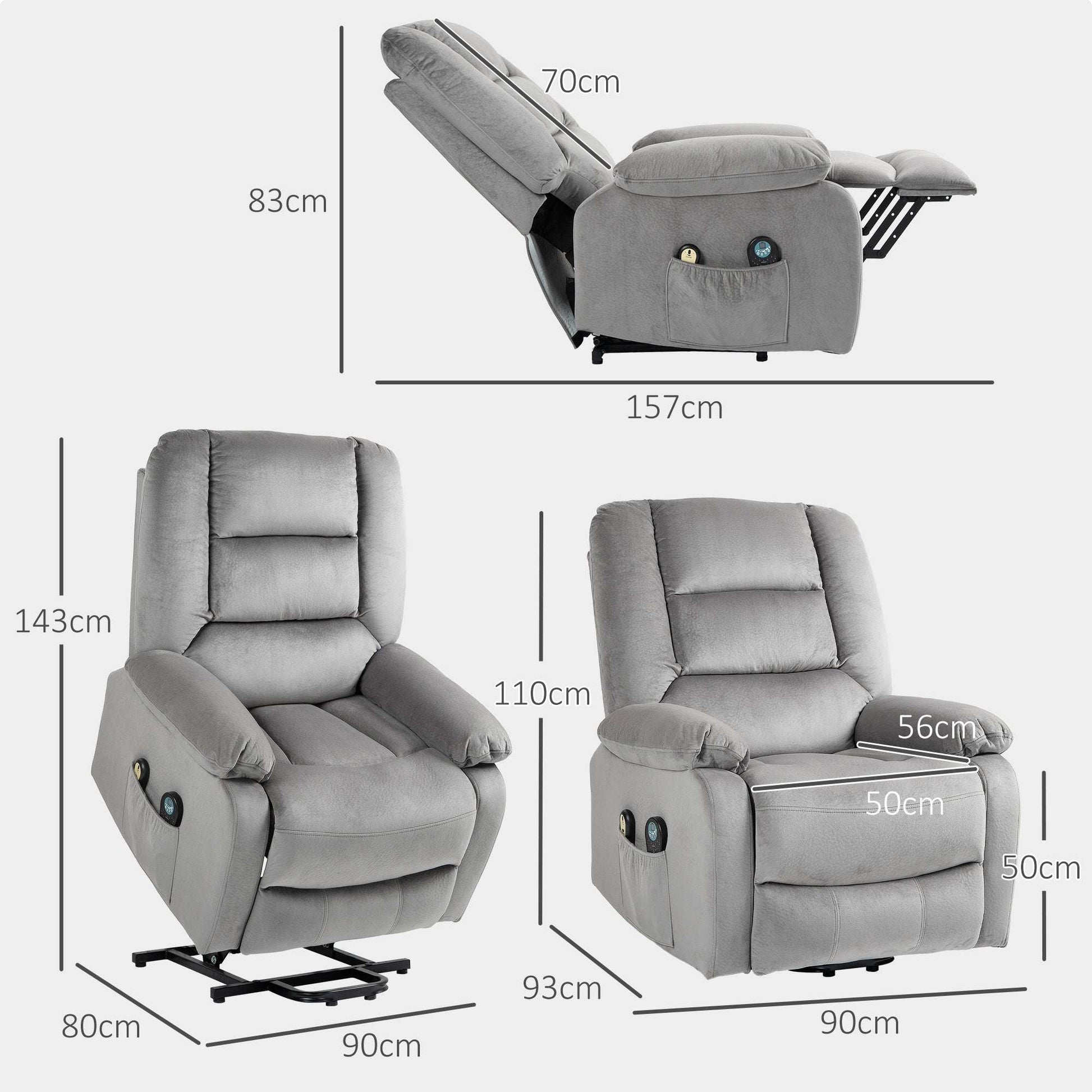 Electric Riser and Recliner Chair with Vibration Massage, Heat, Side Pocket, Grey