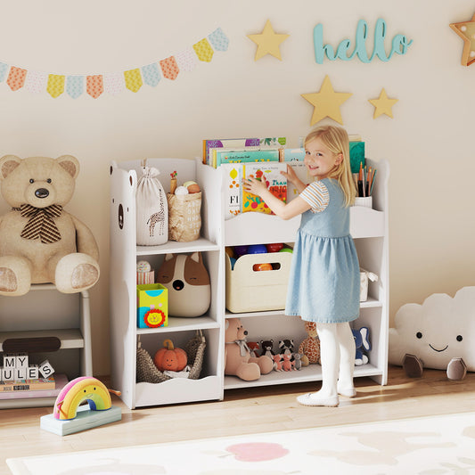 Kids Toy Storage Unit & Bookshelf – Bear Design, Sectioned Shelves, 79cm Child-Height, MDF, For Bedroom, Nursery & Playroom – White