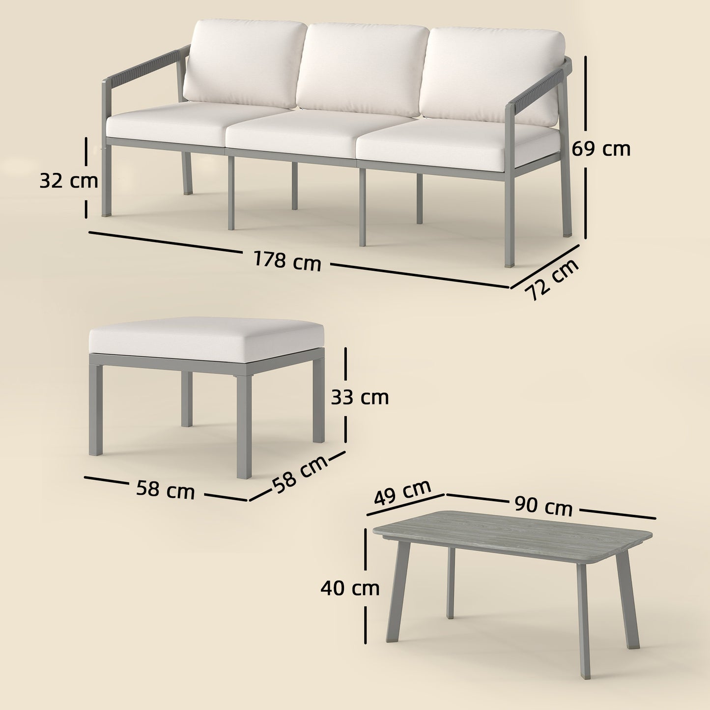 3-Piece Garden Sofa Set | 3-Seater Sofa, Footstool & Coffee Table | 10cm Cushions | 360kg | Grey