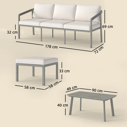 3-Piece Garden Sofa Set | 3-Seater Sofa, Footstool & Coffee Table | 10cm Cushions | 360kg | Grey