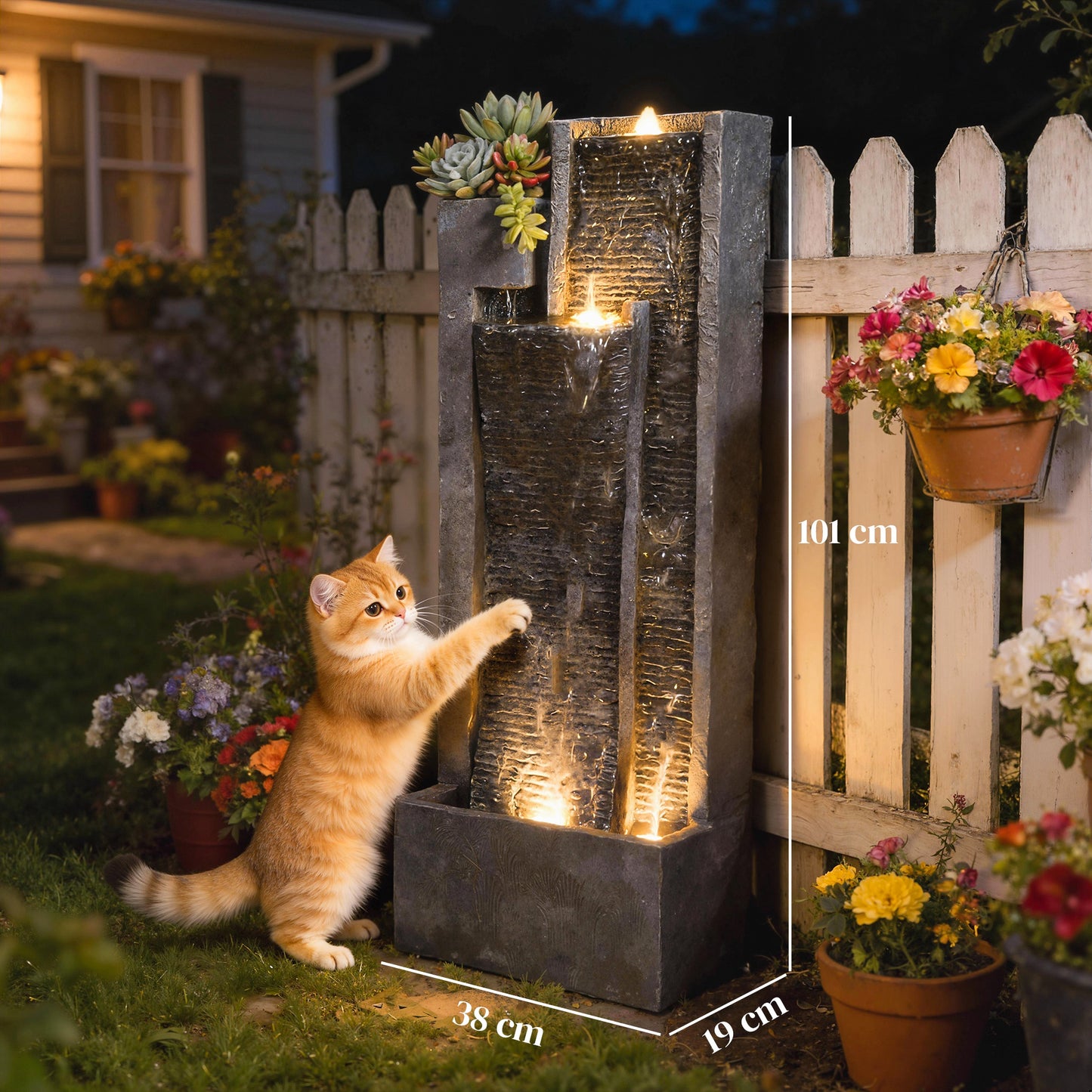 Tall 3-Tier Resin Waterfall Fountain with Top Planter | LED Lights | Water Curtain Effect | 22-25L | 12W | 230V | 3m Cable | 38x19x101cm | Garden Patio & Balcony | Dark Grey