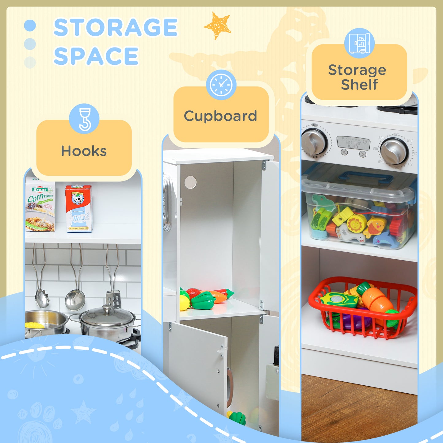 Pretend Play Kitchen, Kids Kitchen Playset, with Toy Phone, Chalkboard, Microwave, Cooking Stove, Sink, White