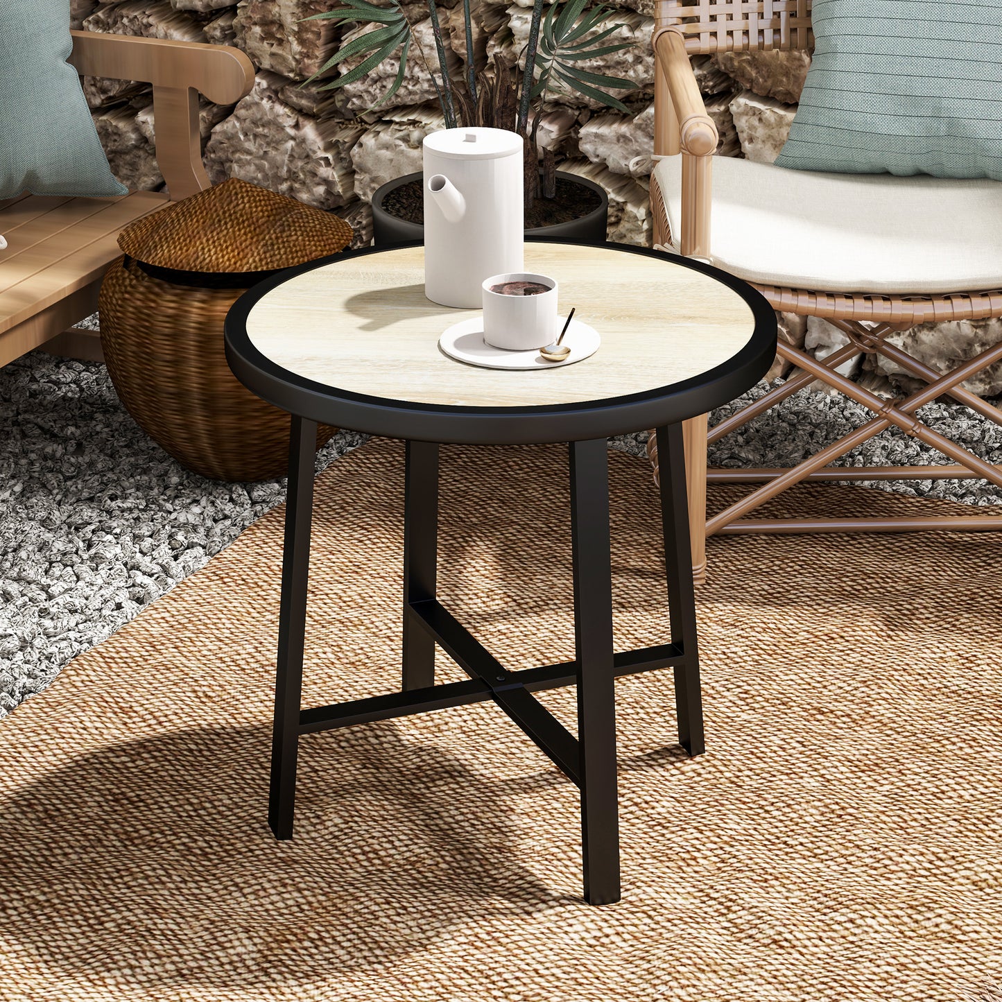Round Garden Bistro Side Table | Dia 50.5x46cm | Waterproof SPC Top | Wood Grain Effect | Powder Coated Metal Frame | Anti-Slip Feet | 30kg | Natural Wood Finish