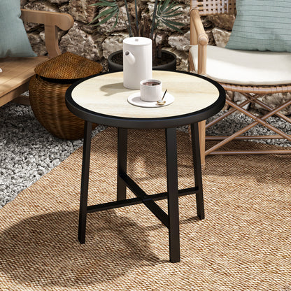 Round Garden Bistro Side Table | Dia 50.5x46cm | Waterproof SPC Top | Wood Grain Effect | Powder Coated Metal Frame | Anti-Slip Feet | 30kg | Natural Wood Finish