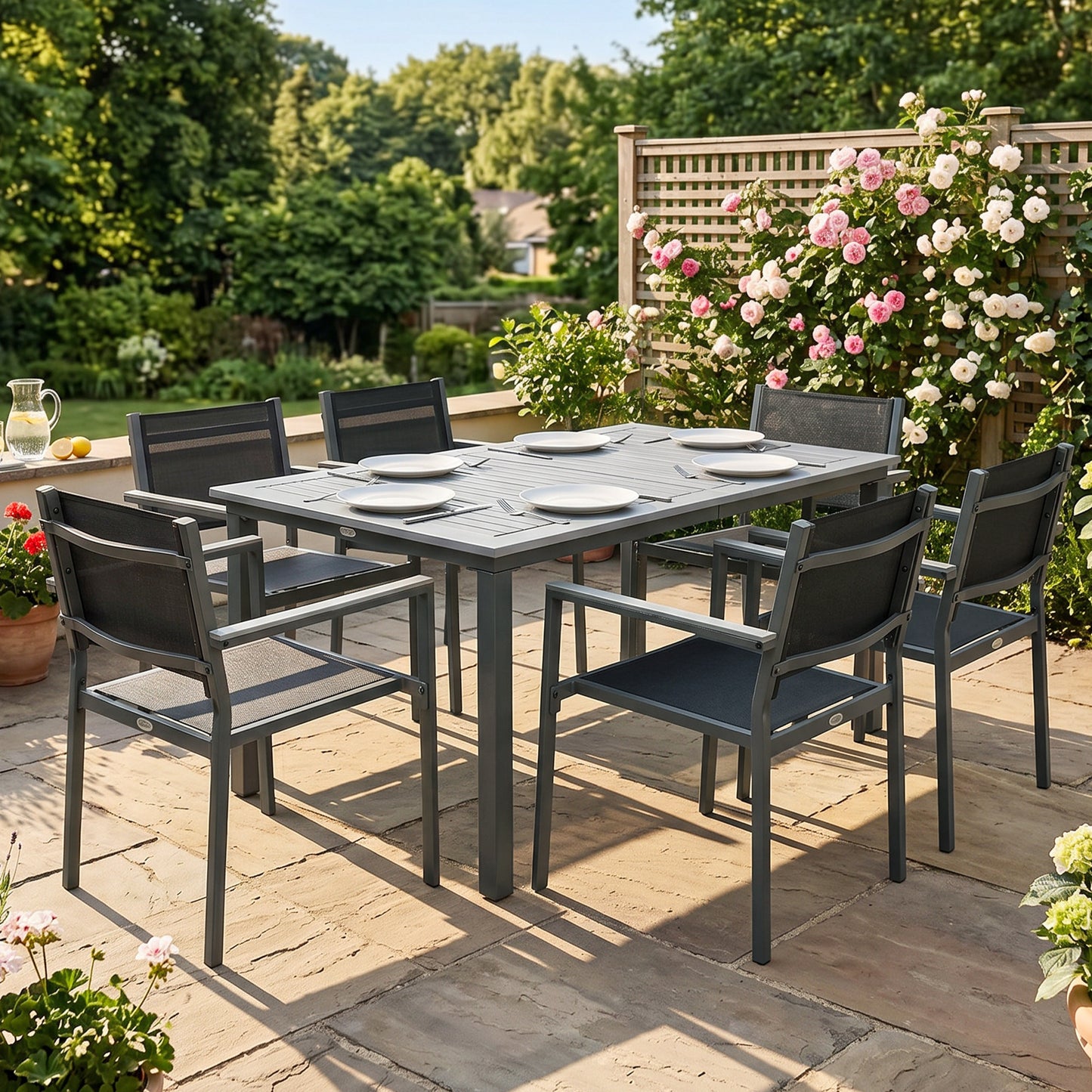 7-Piece Garden Dining Set | Slatted Acacia Wood Table | 6 Stackable Texteline Chairs | Wide Armrests | Powder-Coated Steel | Adjustable Foot Pads | 160kg Chair Capacity | 150x90x75cm | Grey