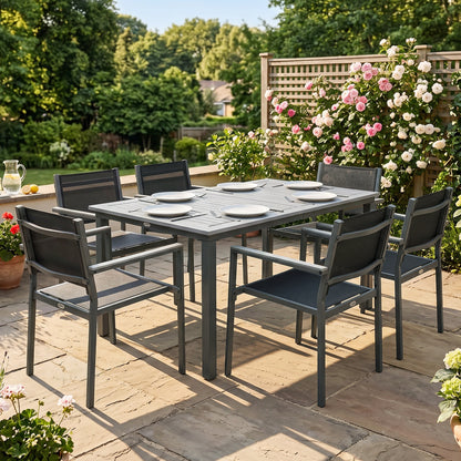 7-Piece Garden Dining Set | Slatted Acacia Wood Table | 6 Stackable Texteline Chairs | Wide Armrests | Powder-Coated Steel | Adjustable Foot Pads | 160kg Chair Capacity | 150x90x75cm | Grey