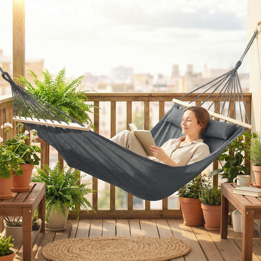 Cotton Hammock | 270x80cm | Headrest | Side Pocket | Hardwood Spreader Bar | Hanging Straps | Portable & Foldable | 120kg | Dark Grey