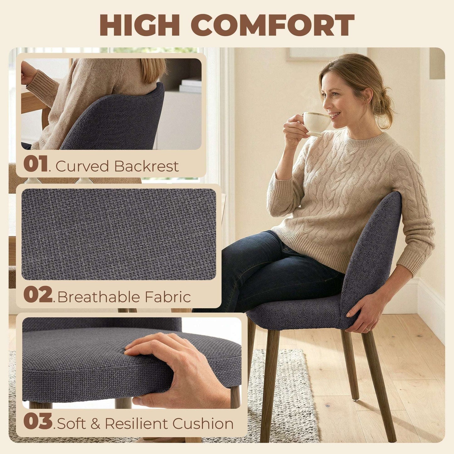 Chairs Set of 2, Linen Upholstered Kitchen Chairs with Padded Seat, Curved Backrest, Rubberwood Legs, Dark Grey