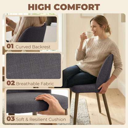 Chairs Set of 2, Linen Upholstered Kitchen Chairs with Padded Seat, Curved Backrest, Rubberwood Legs, Dark Grey