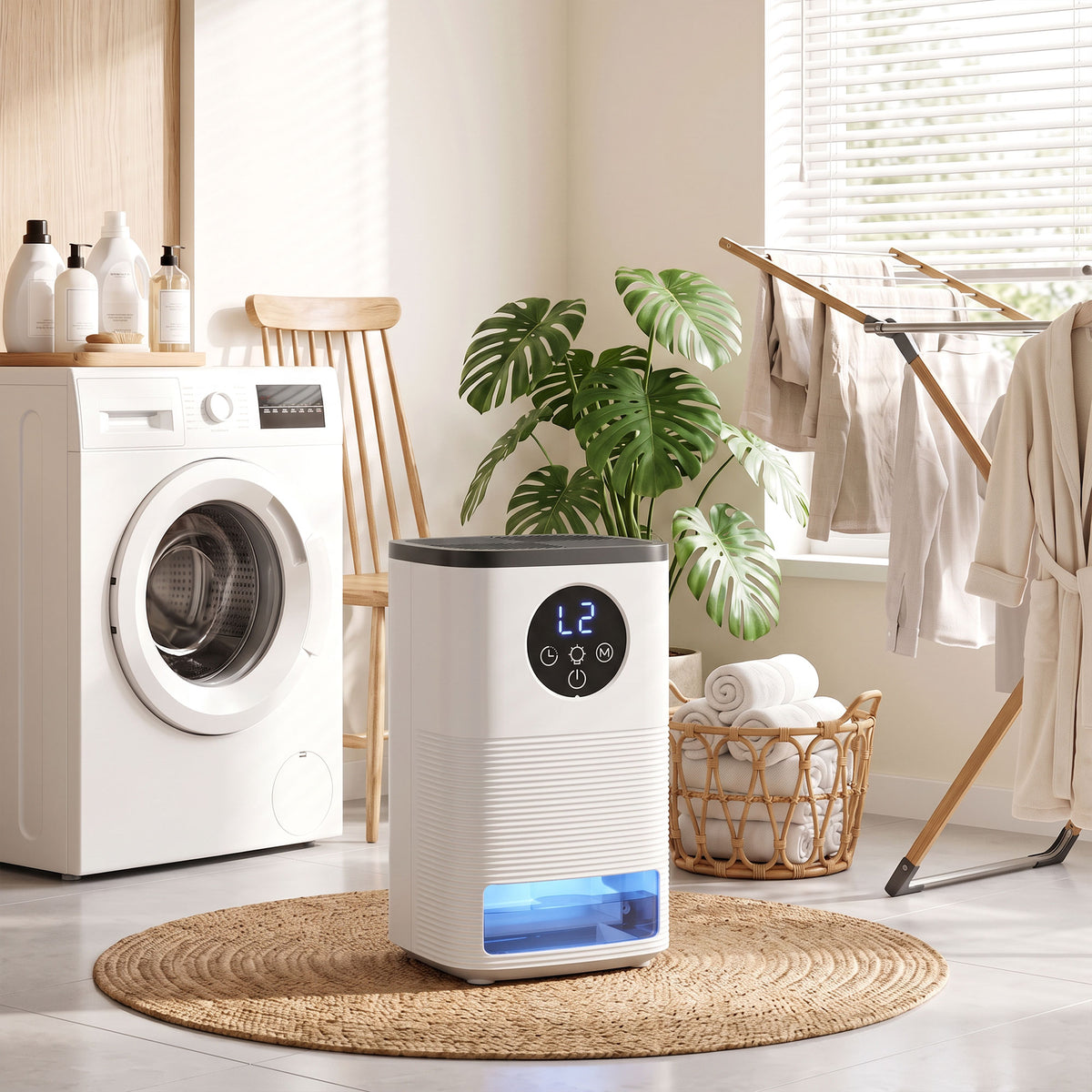 300ml/Day Small Dehumidifier | 1.4L Tank (133hrs) | 7-Colour RGB Mood Light | 43dB Sleep Mode | 4–24H Timer | LED Touch Panel | Auto Shut-Off & Defrost | 15m² | ABS | 15.2x13.5x24cm | White
