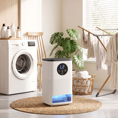 300ml/Day Small Dehumidifier | 1.4L Tank (133hrs) | 7-Colour RGB Mood Light | 43dB Sleep Mode | 4–24H Timer | LED Touch Panel | Auto Shut-Off & Defrost | 15m² | ABS | 15.2x13.5x24cm | White