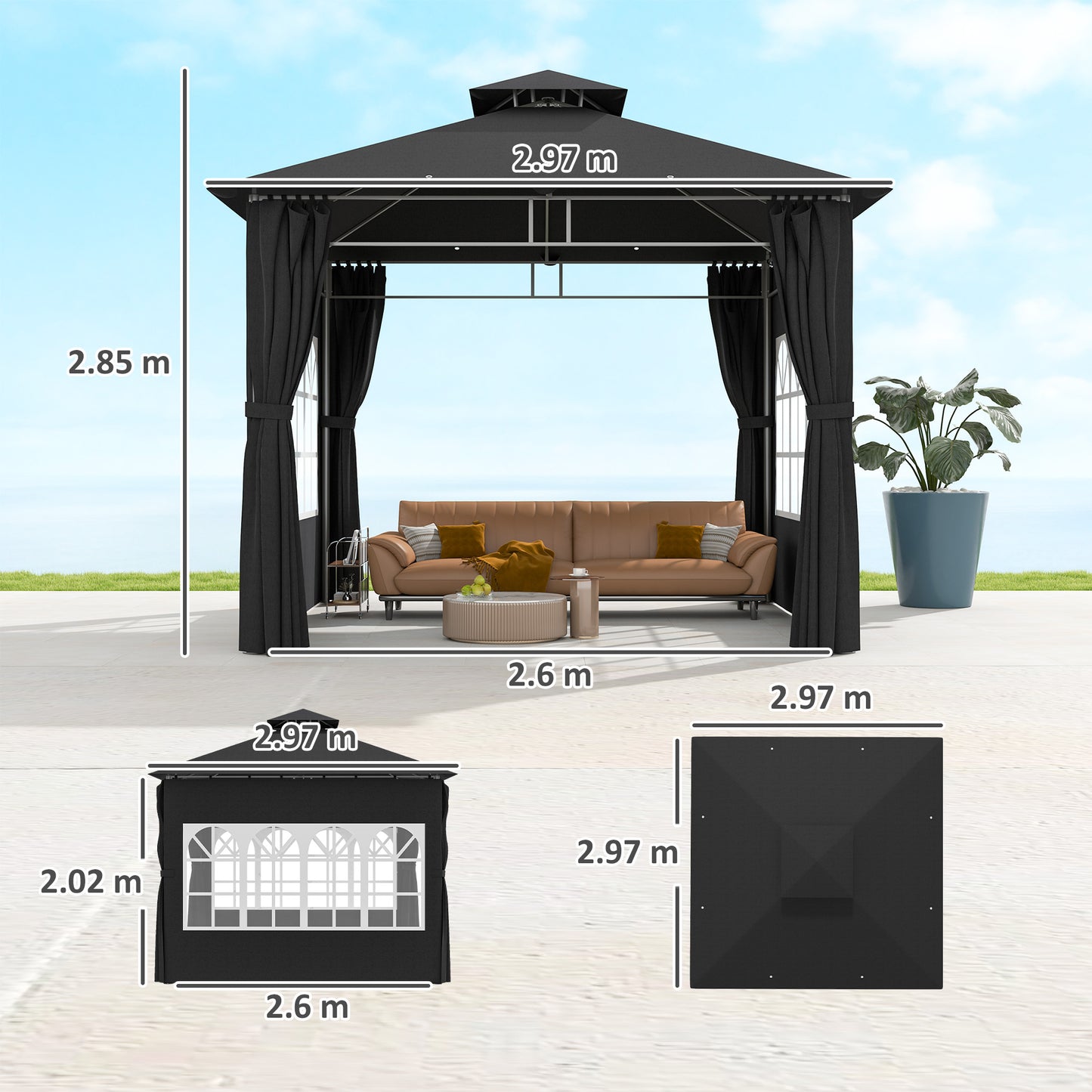 Outsunny 3 x 3 m Garden Gazebo, Double Roof Metal Gazebo with Removable Sidewalls and Church Windows, Outdoor Canopy Shelter
