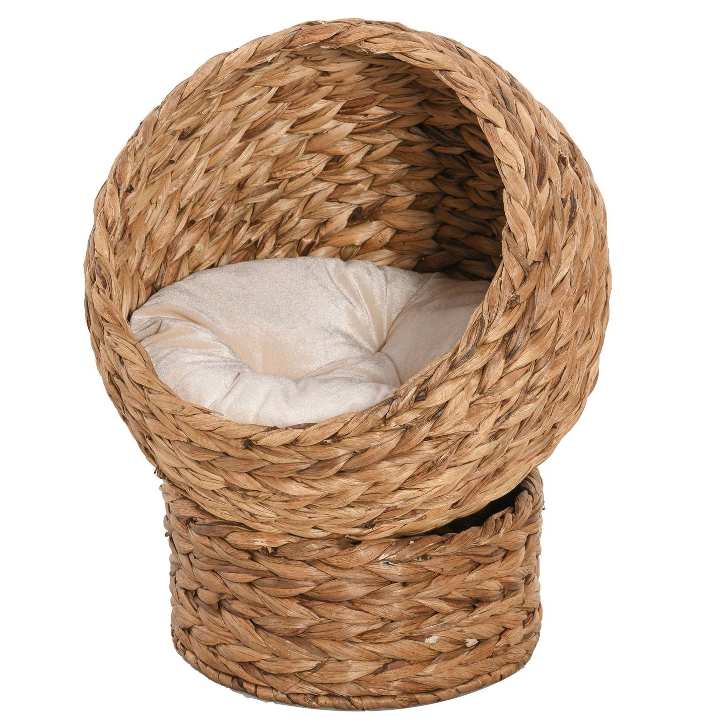 Woven Water Hyacinth Elevated Cat Bed | Wicker Dome Cave | Soft Removable Washable Cushion | Hand-Woven | Metal Wire Frame | Elevated Pod Design | 50x42x60cm | Brown