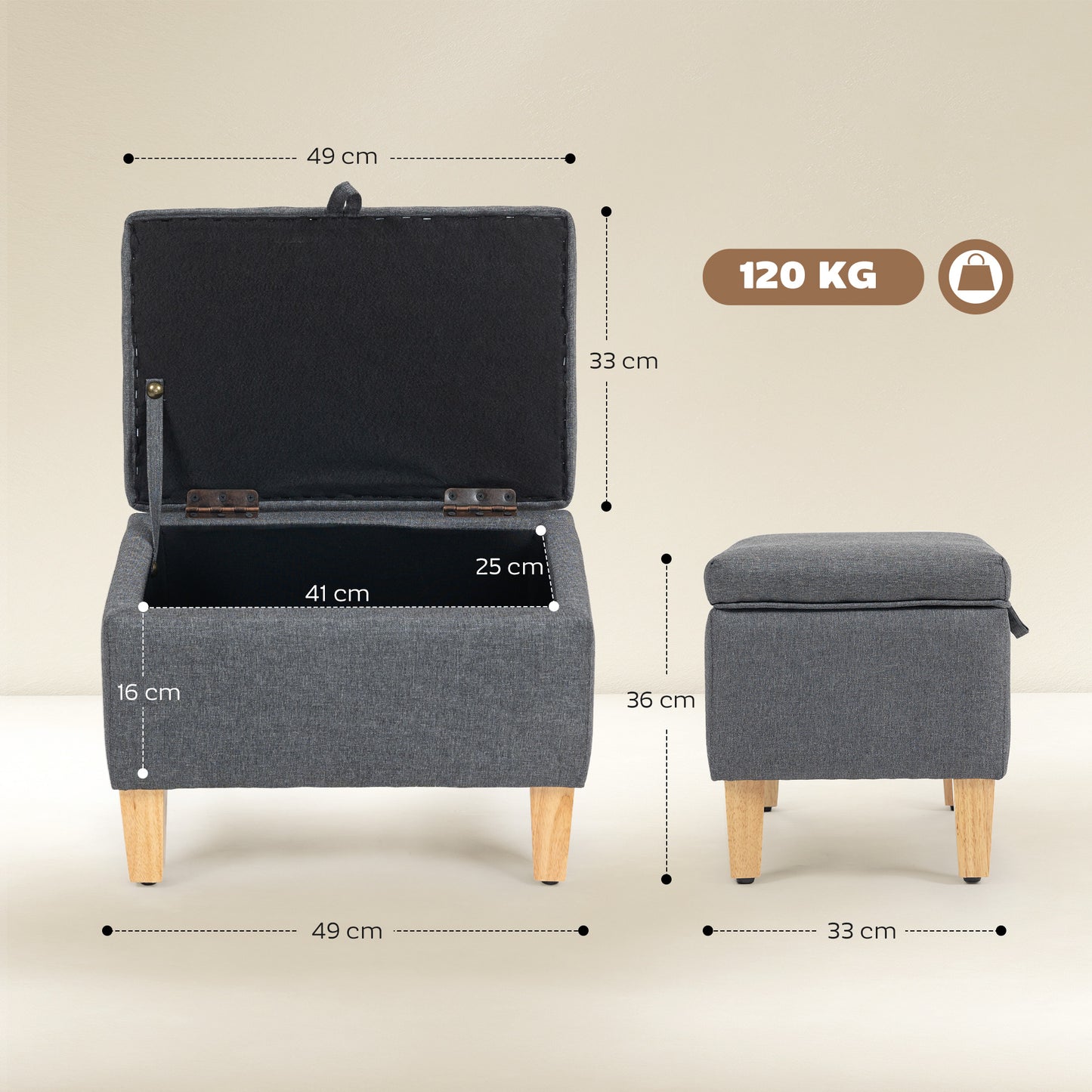 Storage Ottoman & Padded Footstool | 16L Storage | Linen-Look | Rubberwood Legs | 100° Lid Opening | 120kg | 49x33x36cm | Charcoal Grey
