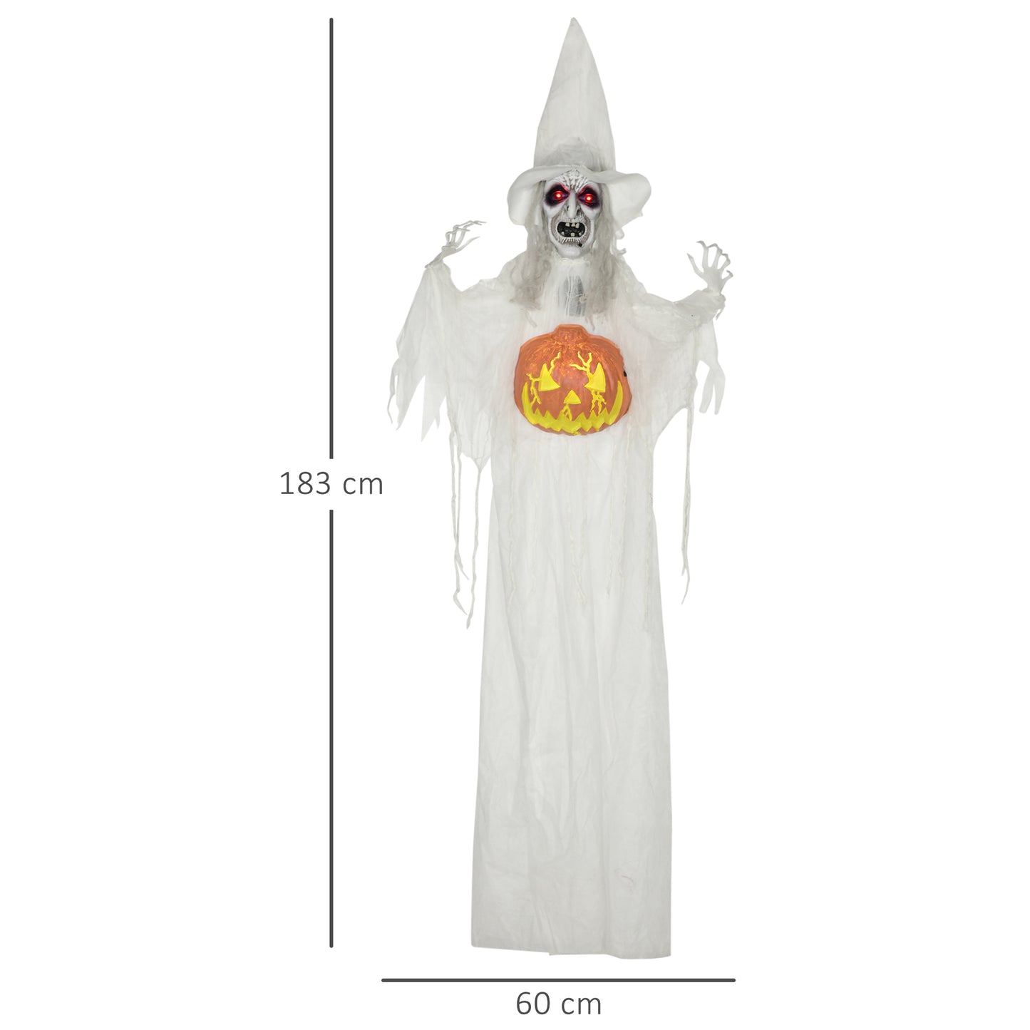 6ft Outdoor Halloween Decoration Witch with Pumpkin, Standing Skeleton Witch Prop Life Size with Sound and Motion Activated, Light Up Eyes, Laughing Sound, Posable Arms, White