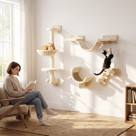 PawHut 4-Piece Cat Wall Furniture Set | Hammock | Soft Ladder Platform | 3-Step Curved Ladder | Plush-Covered | Adjustable Layout | Sisal Scratch Surface | Under 5kg | Indoor | Beige