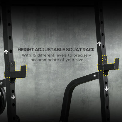 Smith Machine & Cable Pulley System with Adjustable Weight Bench, Multifunction Home Gym Power Rack with Lat Pull Down System, Barbell Rack