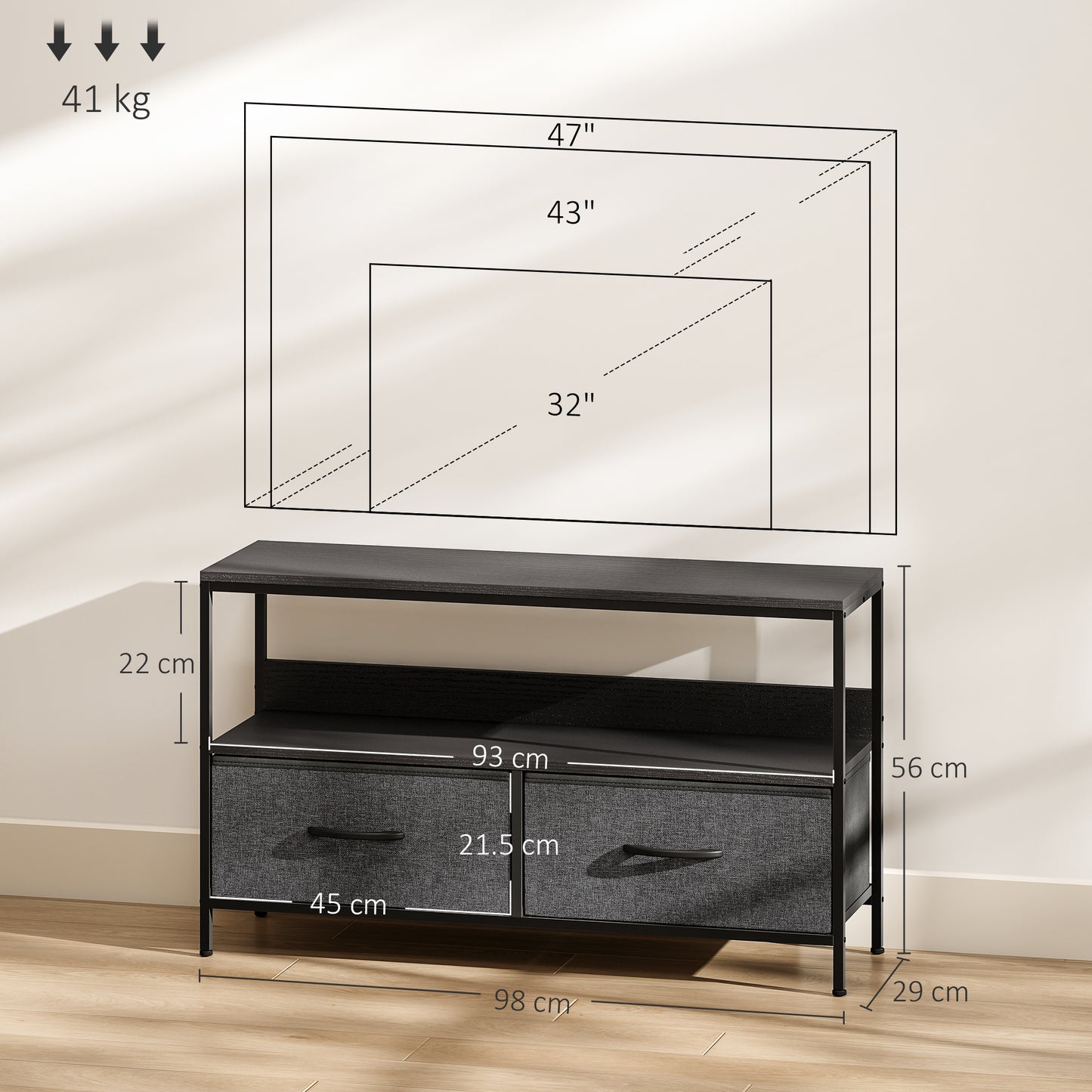 TV Stand Cabinet with 2 Foldable Drawers - Black / White
