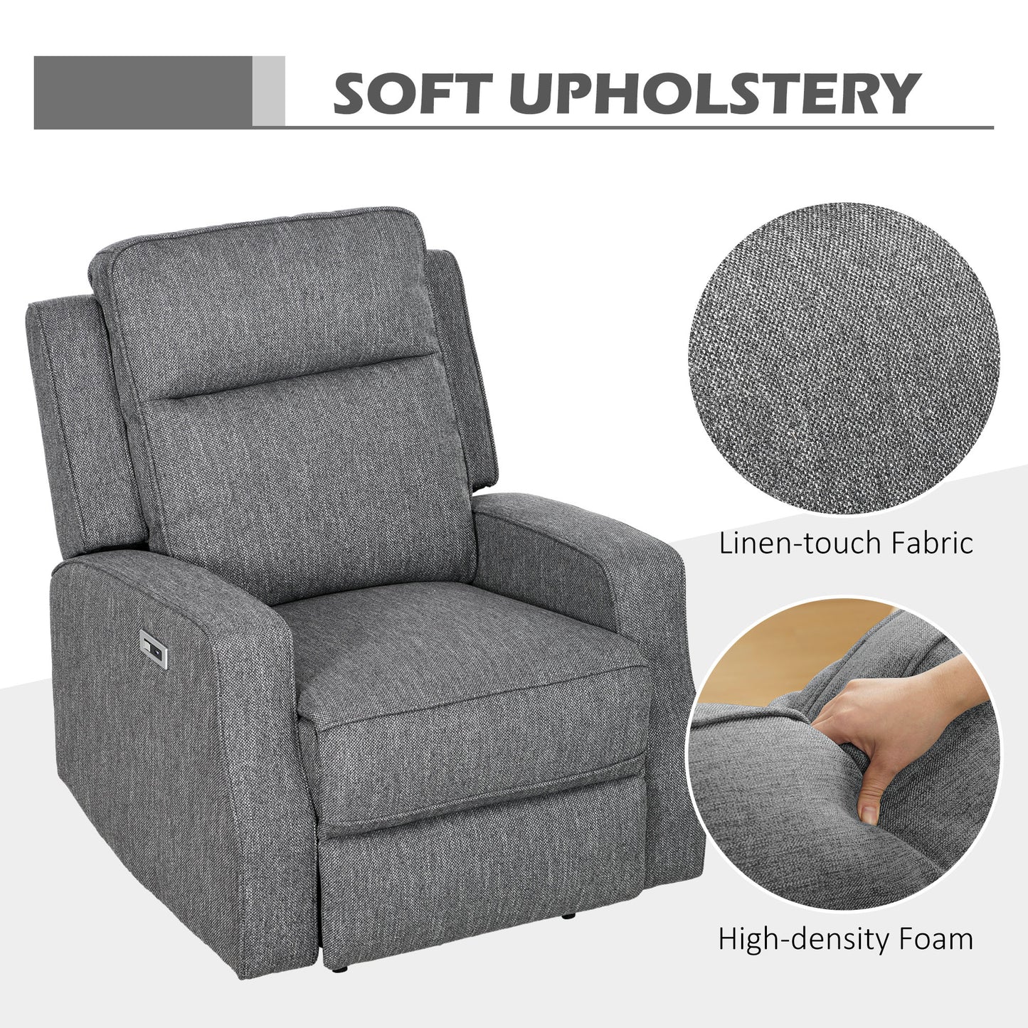 Electric Recliner Armchair, Recliner Chair with Adjustable Leg Rest, USB Port, Charcoal Grey