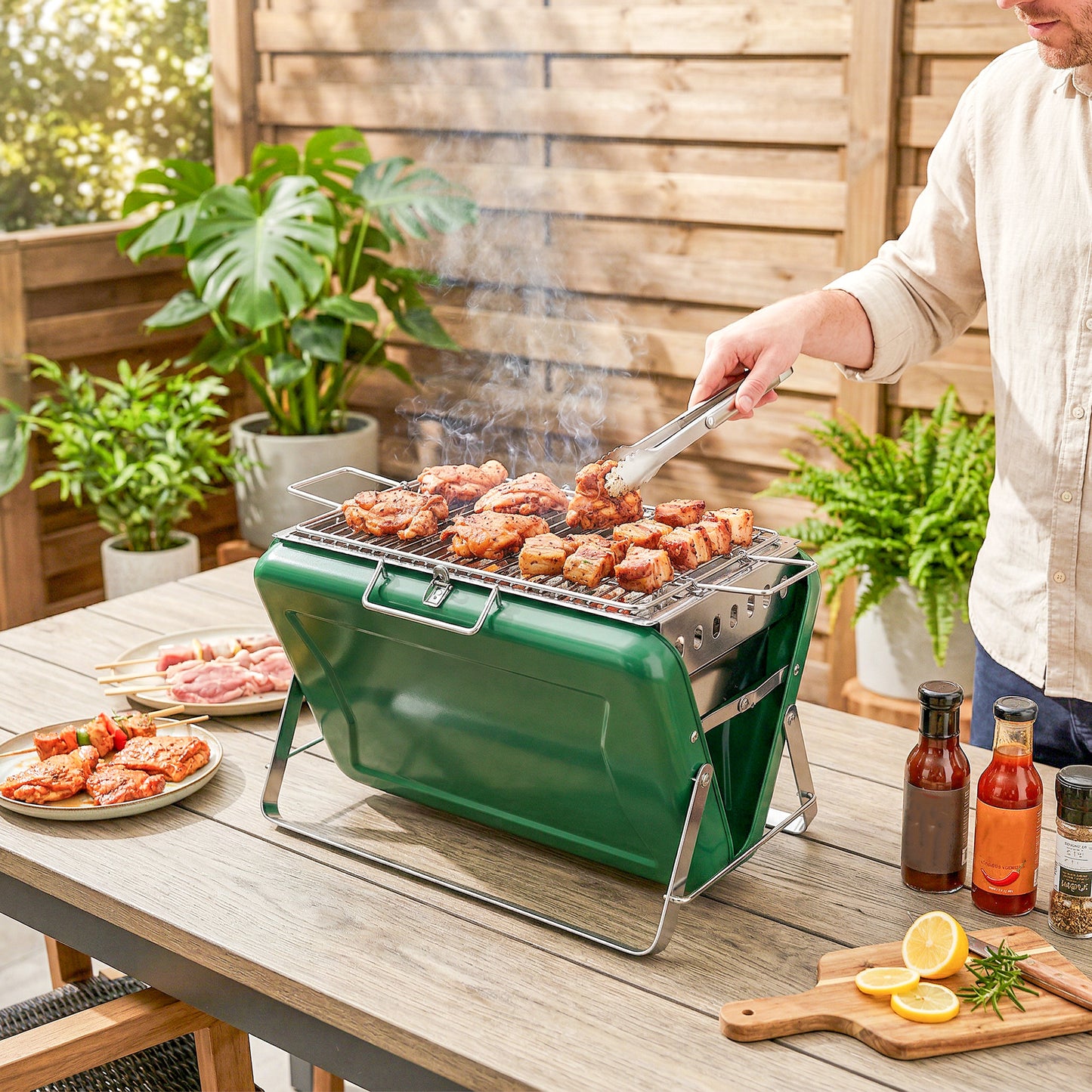 Outsunny Charcoal BBQ Grill Portable Stainless Steel Barbecue with Tilting Grate for Camping Picnic Garden
