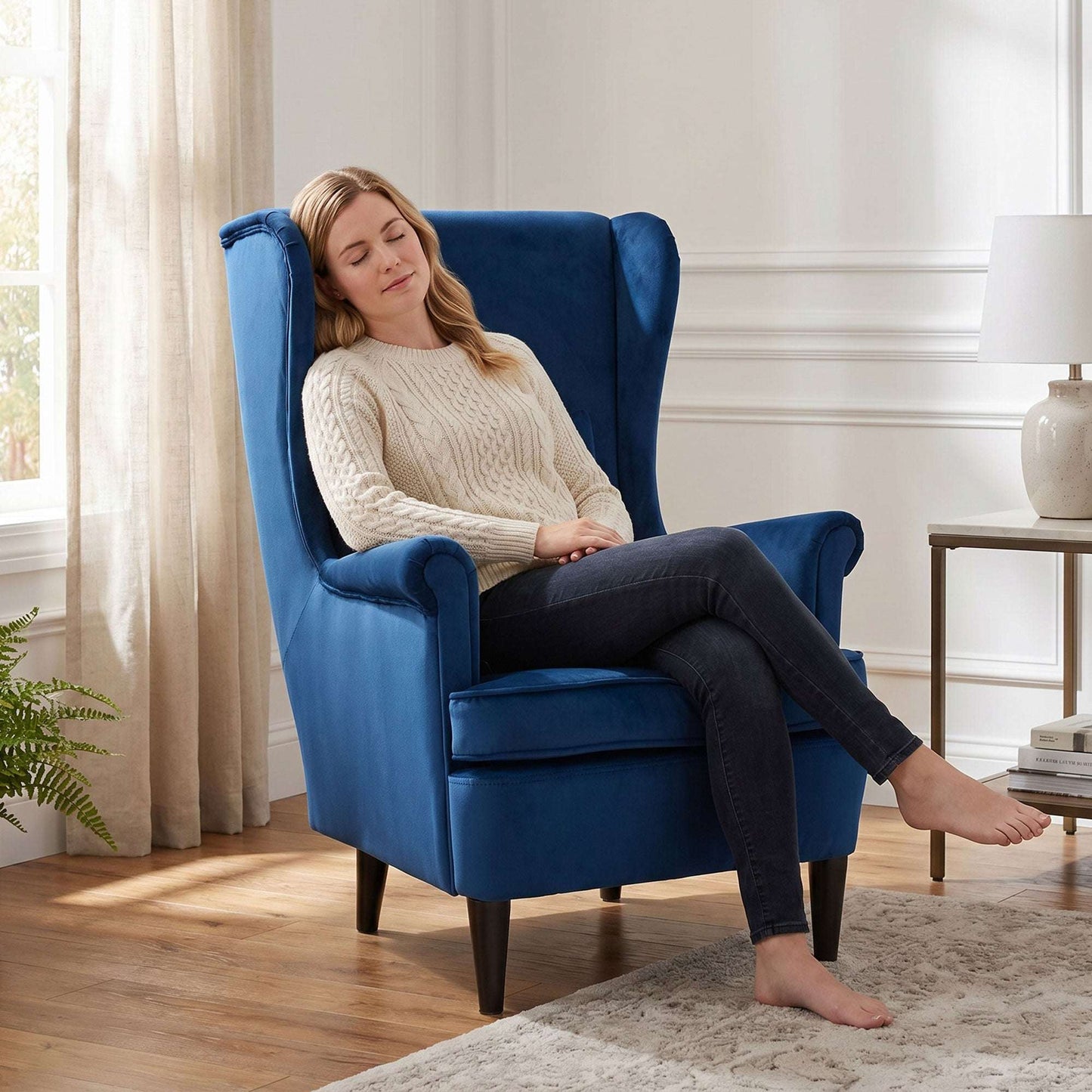 Velvet Wingback Accent Chair | 70cm High Back | Removable Washable Pillow Cover | Thick Sponge Seat | Solid Wood Legs | Non-Slip Pads | 120kg Capacity | 75x83x104cm | Blue