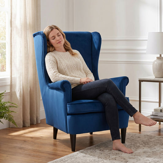 Velvet Wingback Accent Chair | 70cm High Back | Removable Washable Pillow Cover | Thick Sponge Seat | Solid Wood Legs | Non-Slip Pads | 120kg Capacity | 75x83x104cm | Blue