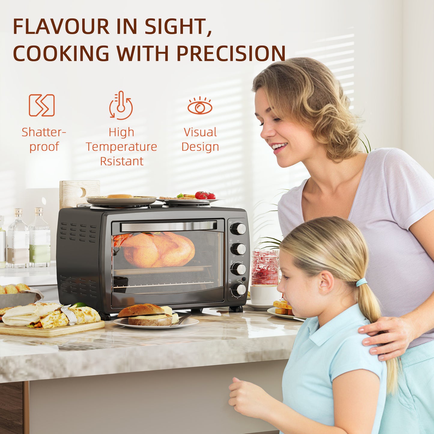 36L Small Oven with 2 Hot Plates, Countertop Toaster Oven, Grill, Roast, Bake, Boil, W/ Timer, Adjustable Temperature, Electric Oven W/ Grill Rack