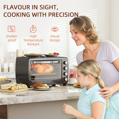 36L Small Oven with 2 Hot Plates, Countertop Toaster Oven, Grill, Roast, Bake, Boil, W/ Timer, Adjustable Temperature, Electric Oven W/ Grill Rack