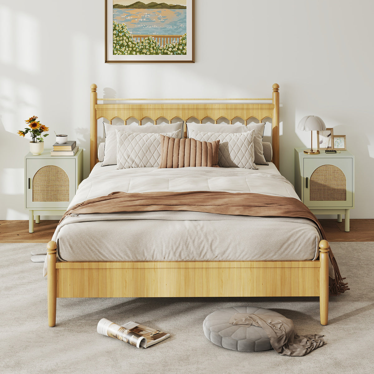 Set of 2 Rattan Bedside Tables | Light Green MDF & Rattan | 40x35x58cm Each | Arched Door | 3-Level Adjustable Shelf | Solid Wood Legs | Non-Slip Pads | 40kg | Bedroom Side Table