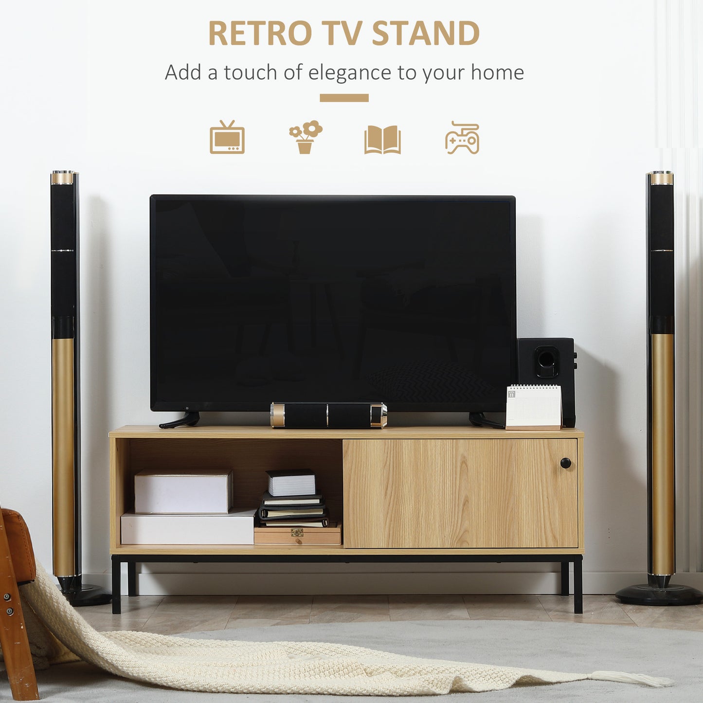 Retro TV Stand Cabinet for TVs up to 50", TV Unit with 3 Compartments, Cable Management, TV Cabinet with Sliding Door for Living Room