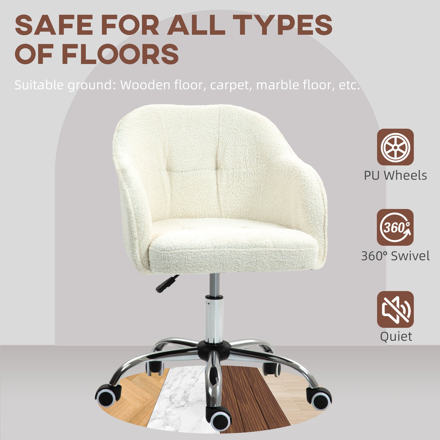 Computer Desk Chair, Fluffy Fabric Swivel Office Makeup Vanity Chair with Height Adjustable, Wheels, for Bedroom, Cream White