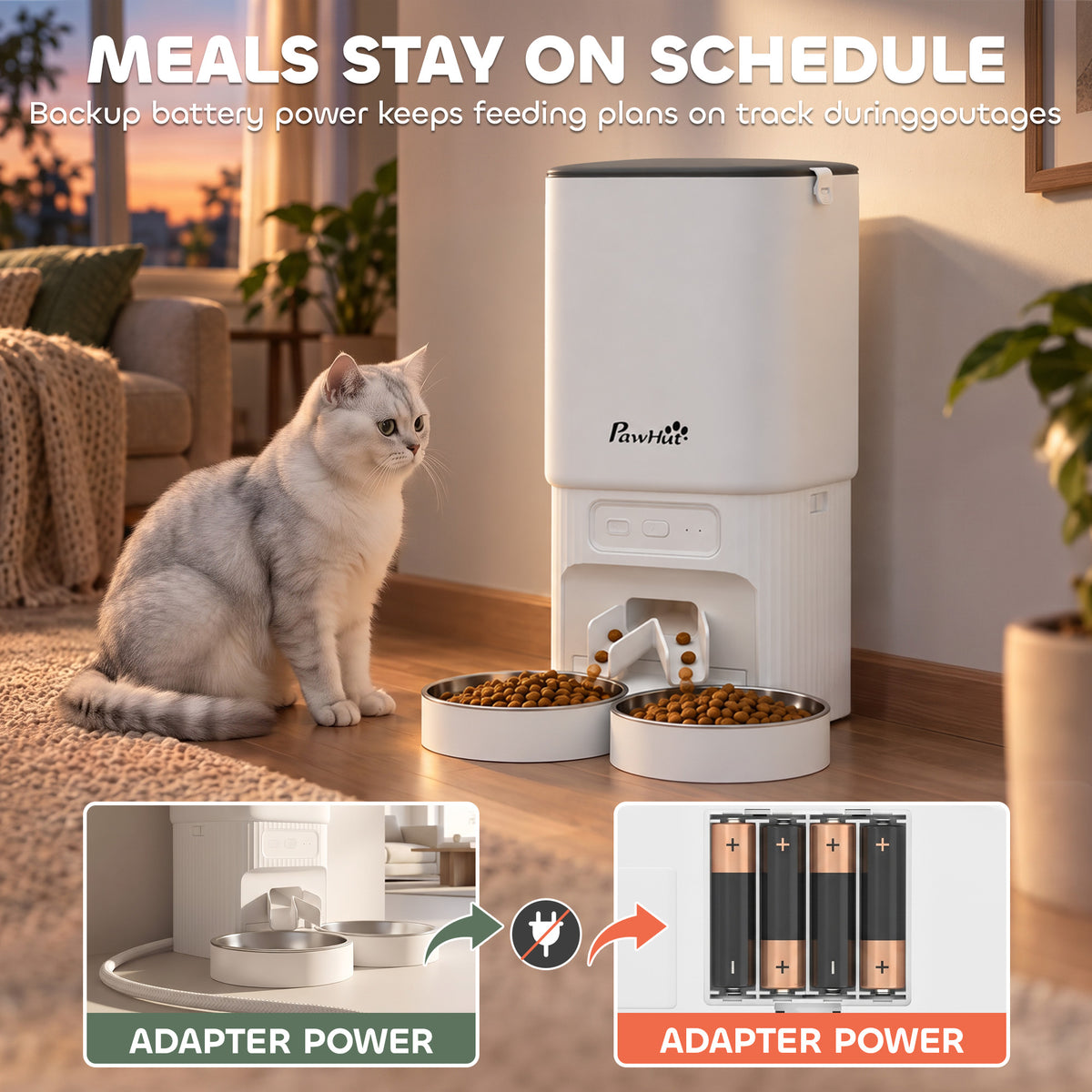 PawHut 7L Automatic Cat & Small Dog Feeder | Tuya App, 2.4GHz & 5GHz Wi-Fi | Dual Bowls, 15 Meals a Day & Battery Backup | White