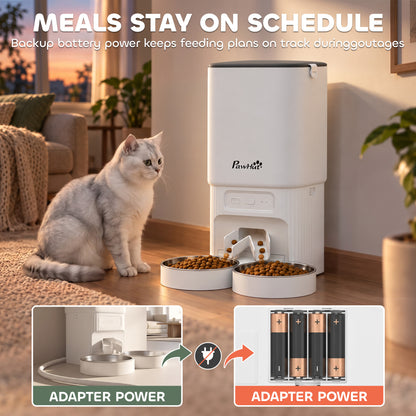 PawHut 7L Automatic Cat & Small Dog Feeder | Tuya App, 2.4GHz & 5GHz Wi-Fi | Dual Bowls, 15 Meals a Day & Battery Backup | White