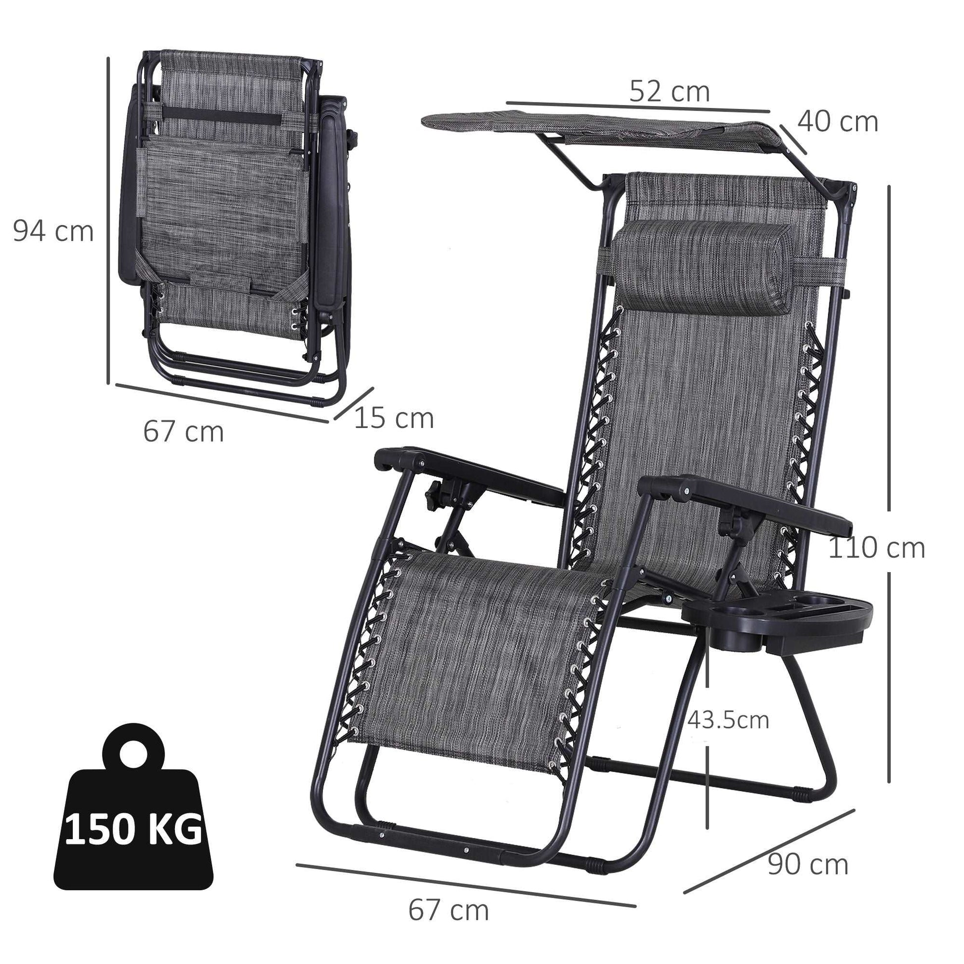 2 Piece Foldable Reclining Garden Chairs with Headrest, Zero Gravity Deck Sun Loungers Seat Chair with Footrest, Armrest, Cup Holder & Canopy Shade