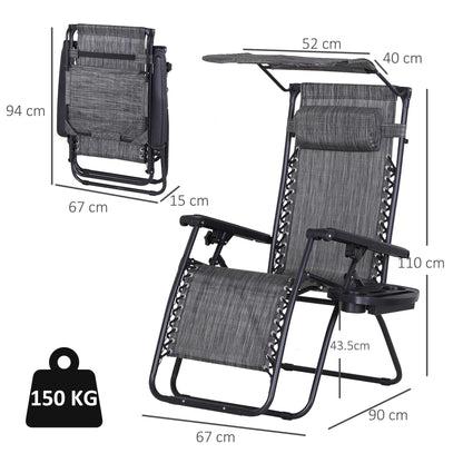 2 Piece Foldable Reclining Garden Chairs with Headrest, Zero Gravity Deck Sun Loungers Seat Chair with Footrest, Armrest, Cup Holder & Canopy Shade
