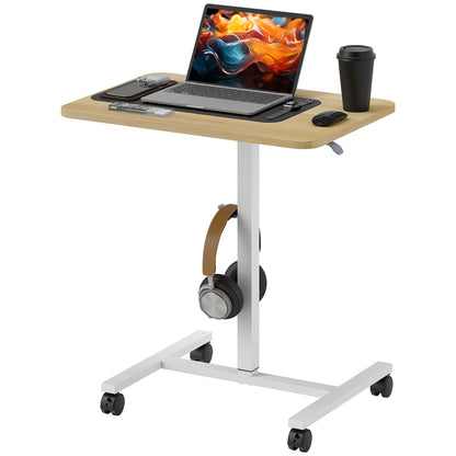 Height Adjustable Standing Desk, Pneumatic Sit Stand Desk for Laptop, Mobile Overbed Table W/ Wheels And Headphone Hook for Home Office