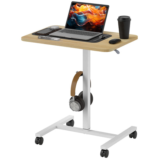 Height Adjustable Standing Desk, Pneumatic Sit Stand Desk for Laptop, Mobile Overbed Table W/ Wheels And Headphone Hook for Home Office