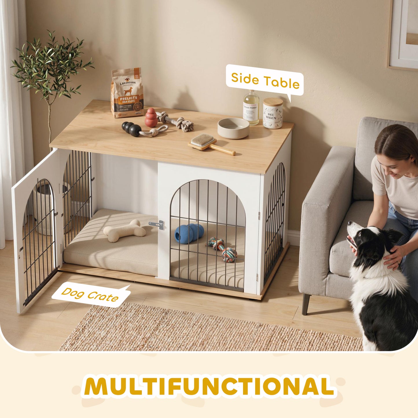 Dog Crate Furniture Side Table | Double Doors | Arched Wood-Grain Design | Large Dogs up to 30kg | 100 x 60 x 69cm | White