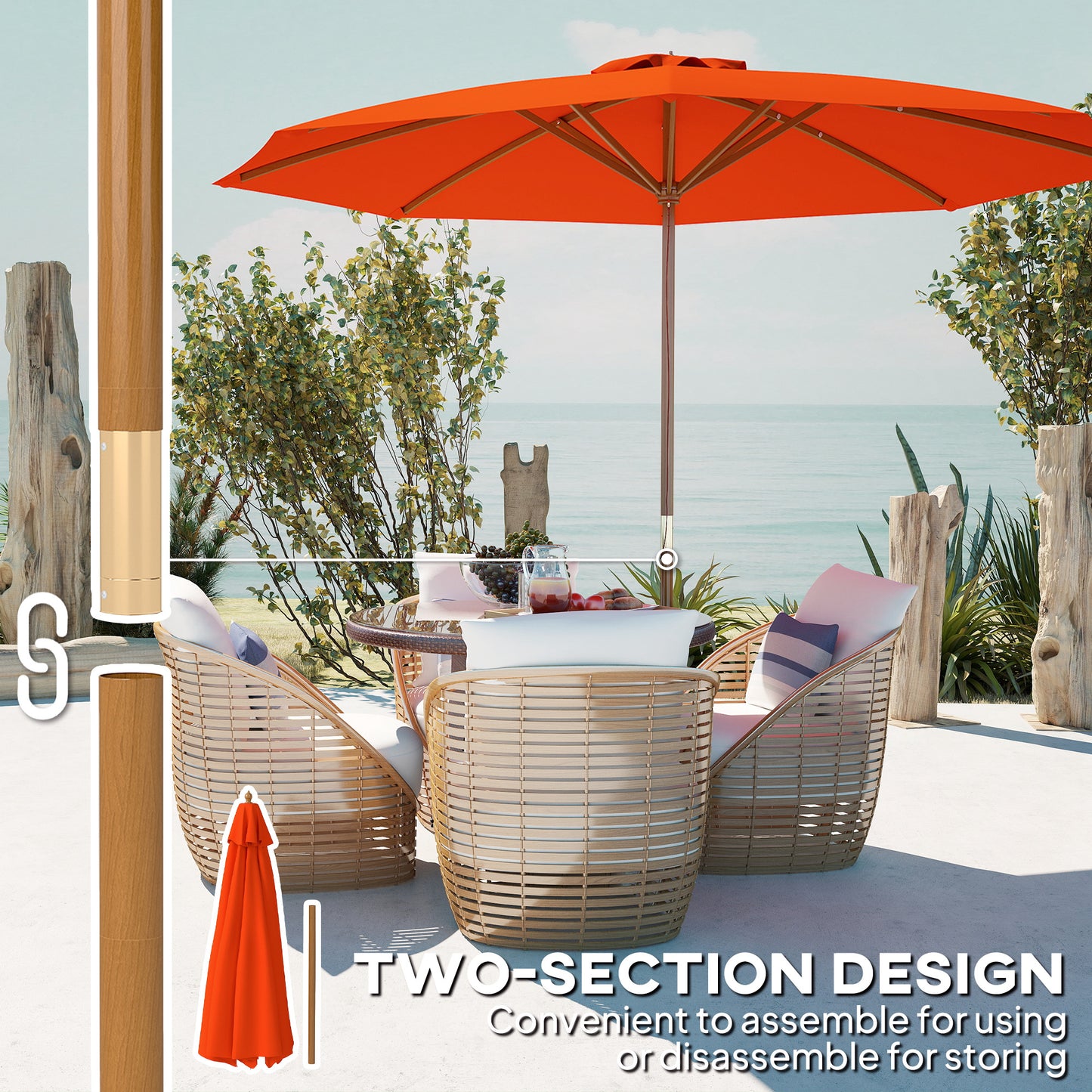 Outsunny 3(m) Wooden Patio Umbrella - Orange