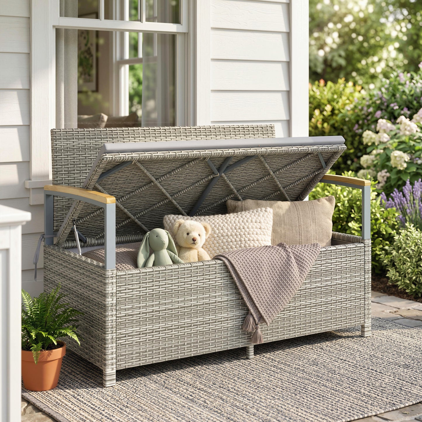 2-Seater Rattan Garden Storage Bench | 144L Hidden Storage | Gas Strut Lid | Zipped Liner | Acacia Wood Armrests | Washable Cushion | 300kg Capacity | 120 x 60 x 84cm | Light Grey
