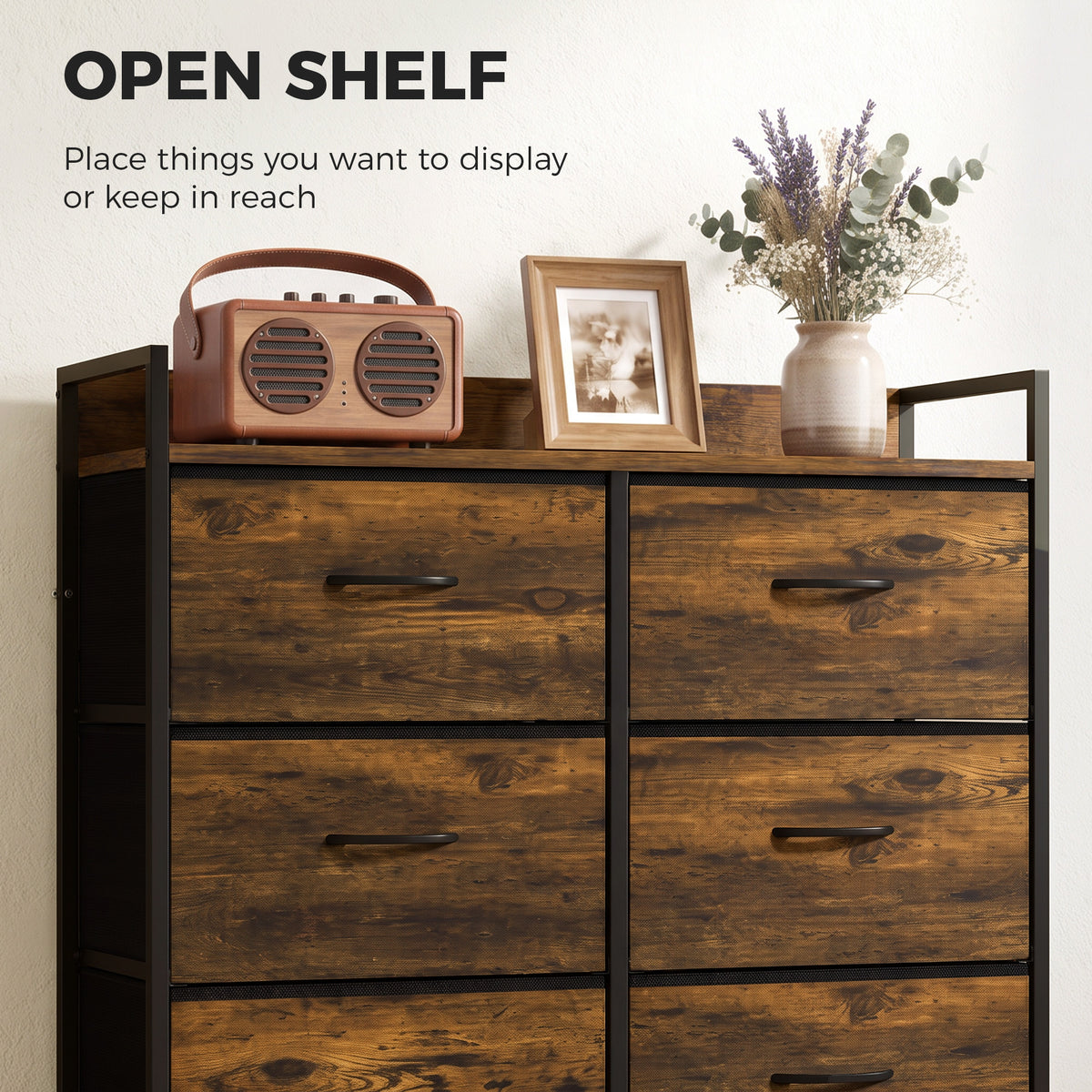 Rustic Chest of Six Fabric Drawers | Rustic Brown & Black | Linen Fabric Steel Particleboard | 80x29x85cm | 35kg Max Load | Adjustable Feet | Industrial Style | Bedroom Storage
