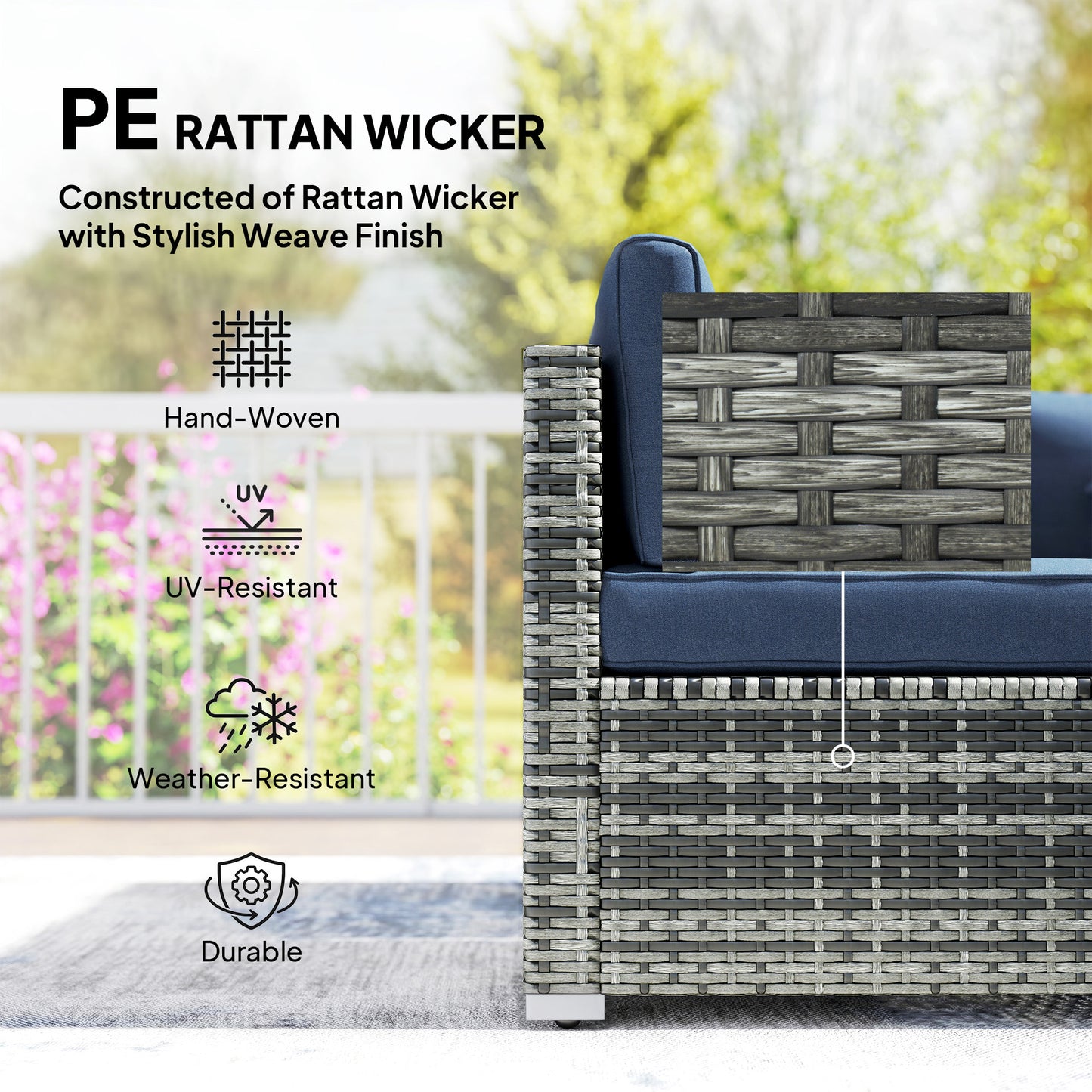 8-Piece Modular PE Rattan Corner Sofa Set | 2 Corner & 4 Middle Seats | Footstool | Tempered Glass Coffee Table | Thick Cushions | 4 Coloured Pillows | Protective Cover | Adjustable Foot Pads | 120kg Per Seat | Dark Blue