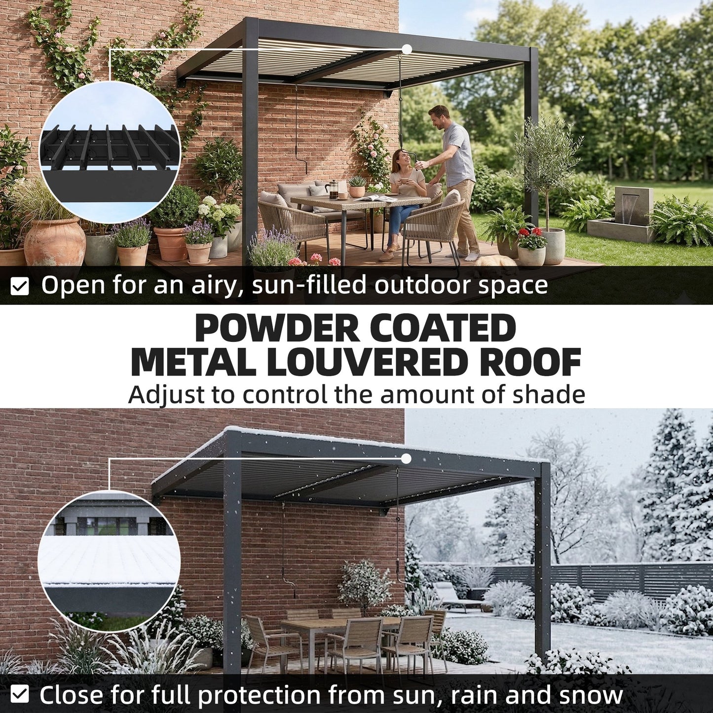 3x3m Wall-Mounted Louvered Pergola | LED Lights | Adjustable Louvres | Drainage | Windproof 7-8 | Dark Grey